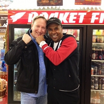 Former world champion boxer and Olympic gold medalist Sugar Ray Leonard and Rocket Fizz co-founder Rob at Rocket Fizz in Westwood, CA.