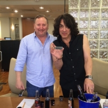 Rock star Paul Stanley of KISS flavor testing future KISS sodas with Rocket Fizz co-founder Rob.